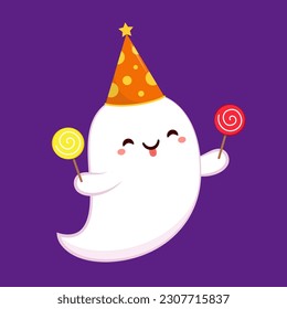 Happy halloween party greeting card with cute ghost. Holidays cartoon character. Cute spooky ghosts.