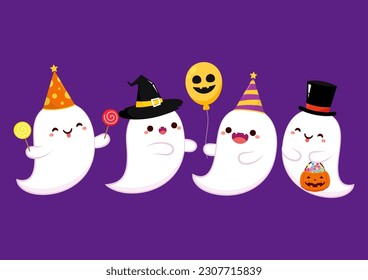 Happy halloween party greeting card with cute ghost. Holidays cartoon character. Cute spooky ghosts.