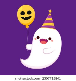 Happy halloween party greeting card with cute ghost. Holidays cartoon character. Cute spooky ghosts.