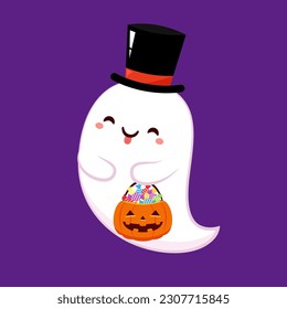 Happy halloween party greeting card with cute ghost. Holidays cartoon character. Cute spooky ghosts.