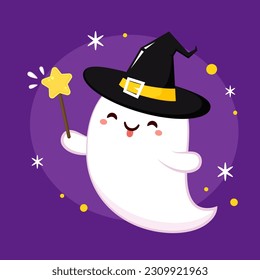 Happy halloween party greeting card with cute ghost. Holidays cartoon character. Trick or treat. Halloween funny cartoon. Ghost with a Witch hat.