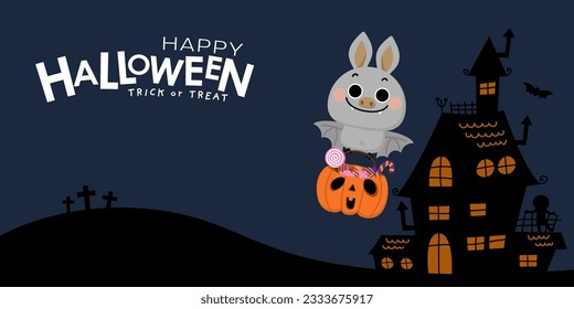 Feliz tarjeta de bienvenida de la fiesta de halloween con un lindo murciélago vampiro y calabaza espeluznante. Caricatura vectorial de las festividades animales. 