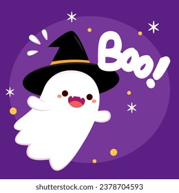 Happy halloween party greeting card with cute ghost. Holidays cartoon character. Trick or treat. Halloween funny cartoon.