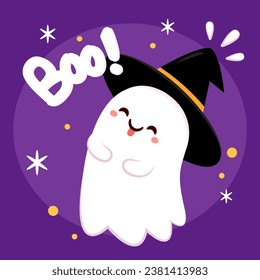 Feliz tarjeta de bienvenida de la fiesta de halloween con un fantasma adorable. Personaje de caricatura de vacaciones. Truco o trato. Caricatura divertida de Halloween.