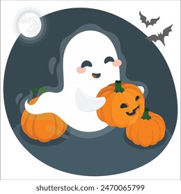 Happy Halloween party greeting card with cute ghost and fancy hat. Holidays cartoon character. Set of cute funny happy ghosts. Baby creepy boo characters for kids. Magic scary spirits. 2552