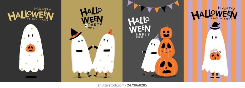 Happy halloween party greeting card with cute ghost, pumpkin and fancy hat. Holidays cartoon character. -Vector