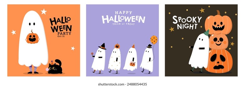 Tarjeta de felicitación feliz de la fiesta de Halloween con fantasma lindo, calabaza y sombrero elegante. Personaje de dibujos animados de Días festivos. -Vector