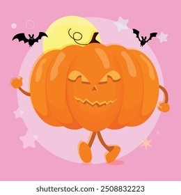 Happy Halloween Party Greeting Card with Cute Pumpkin. Holidays Cartoon Character. Trick or Treat on Pink Background.