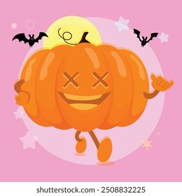 Happy Halloween Party Greeting Card with Cute Pumpkin. Holidays Cartoon Character. Trick or Treat on Pink Background.