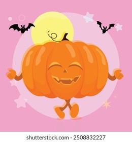 Happy Halloween Party Greeting Card with Cute Pumpkin. Holidays Cartoon Character. Trick or Treat on Pink Background.