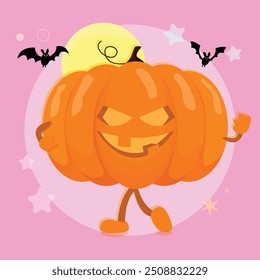 Happy Halloween Party Greeting Card with Cute Pumpkin. Holidays Cartoon Character. Trick or Treat on Pink Background.