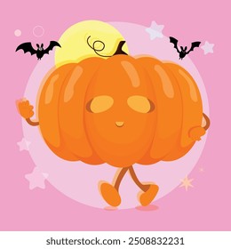 Happy Halloween Party Greeting Card with Cute Pumpkin. Holidays Cartoon Character. Trick or Treat on Pink Background.