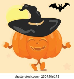 Happy Halloween Party Greeting Card Characters with Characters Wearing Cute Pumpkin Hat. Holiday Cartoon trick or treat on yellow background.