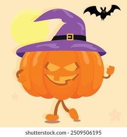 Happy Halloween Party Greeting Card Characters with Characters Wearing Cute Pumpkin Hat. Holiday Cartoon trick or treat on yellow background.