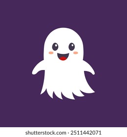 Happy halloween party greeting card with cute ghost. Holidays cartoon character. Trick or treat. Halloween funny cartoon.