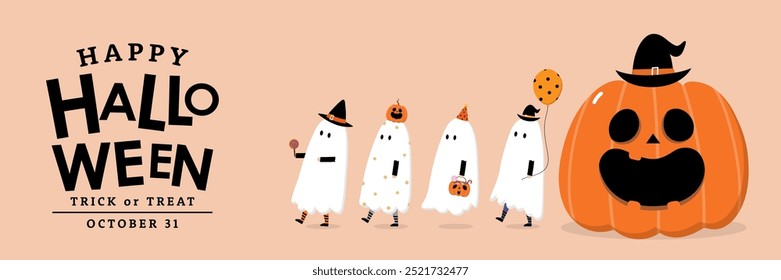 Happy halloween party greeting card with cute ghost, spooky pumpkin and fancy hat. Holidays cartoon character. -Vector