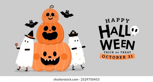 Happy halloween party greeting card with cute ghost, spooky pumpkin and fancy hat. Holidays cartoon character. -Vector