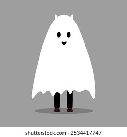 Happy halloween party greeting card with cute ghost and fancy hat. Holidays cartoon character