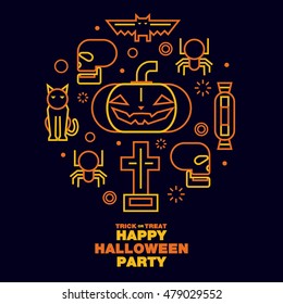 Happy Halloween Party Greeting Card Icons Symbol - Vector flat line design art