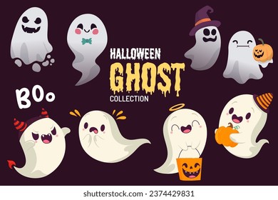 Happy halloween Party Greeting Collection with Cute Ghost and Fancy hat. Holidays cartoon character. Suitable for event, poster, and banner