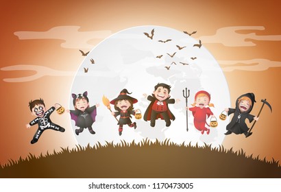  Happy Halloween party with group children in halloween costumes.