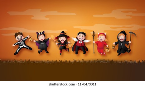  Happy Halloween party with group children in halloween costumes.Illustration of paper art