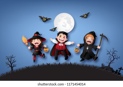 Happy Halloween party with group children in halloween costumes.Illustration of paper art