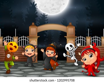 Happy Halloween party with group of children in different costume