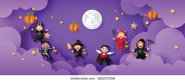 Happy Halloween party with group children in halloween costumes.Illustration of  greeting banner paper cut.