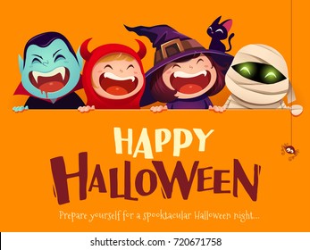 Happy Halloween Party. Group of kids in halloween costume with big signboard. Orange background.