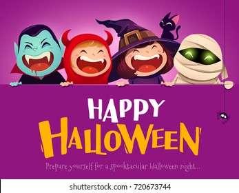 Happy Halloween Party. Group of kids in halloween costume with big signboard. Purple background.