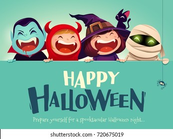 Happy Halloween Party. Group of kids in halloween costume with big signboard. Turquoise background.