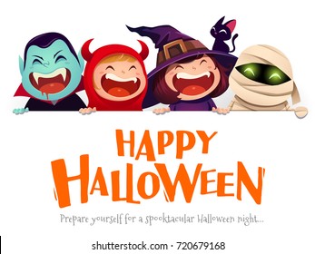 Happy Halloween Party. Group of kids in halloween costume with big signboard. White background.