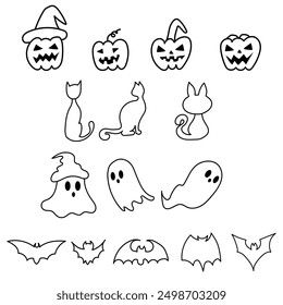 Happy halloween party hand drawn vector sketch set, Background Halloween, Fun halloween elements, Black and white line art.