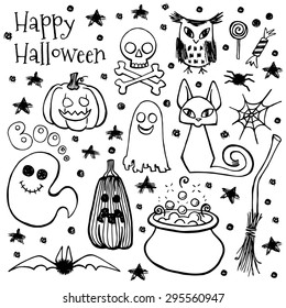 Happy halloween party hand drawn vector sketch set. Background Halloween.