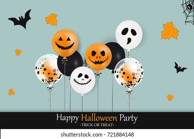 Happy Halloween Party. Holiday concept with  color balloons, falling leaves, spider web, halloween bat  for banner, poster, greeting card, party invitation. vector illustration.