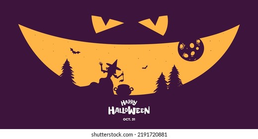 Happy Halloween party horizontal banner design. Jack O Lantern pumpkin scary face on dark background. Witch conjures and brews potion in forest. Traditional October 31 holiday vector eps greeting