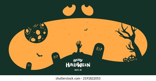 Happy Halloween party horizontal banner design. Jack O Lantern pumpkin scary face on dark background. Dead man crawls out of grave in cemetery. Traditional October 31 holiday vector eps greeting