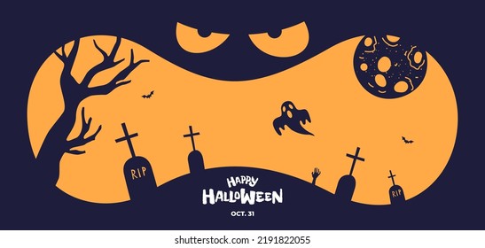 Happy Halloween party horizontal banner design. Jack O Lantern pumpkin scary face on dark blue background. Cemetery silhouette with graves and moon. Traditional October 31 holiday vector greeting