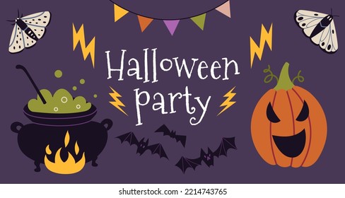 Happy Halloween Party. Horizontal banner with cauldron and pumpkin, cartoon style. Trendy modern vector illustration, hand drawn, flat design.