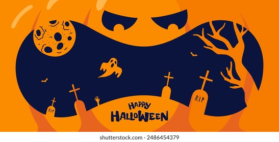 Happy Halloween party horizontal banner concept. Jack O Lantern pumpkin scary face background. Cemetery silhouette with graves and moon. Traditional October 31 Trick or Treat holiday eps greeting card