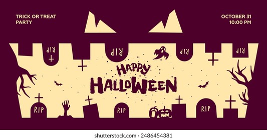 Happy Halloween party horizontal banner. Jack O Lantern pumpkin scary face on dark background. Cemetery silhouette with graves. Traditional October 31 Trick or Treat holiday eps greeting card