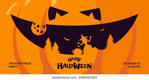 Happy Halloween party horizontal banner. Jack O Lantern pumpkin scary face with witchcraft concept. Witch conjures and brews potion in forest. Traditional October 31 All Saints Night holiday eps print