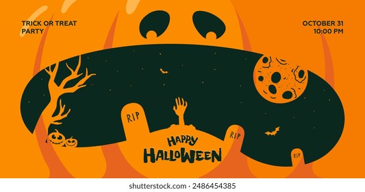 Happy Halloween party horizontal banner. Jack O Lantern pumpkin scary face with graveyard. Dead man crawls out of grave in cemetery. Traditional October 31 Trick or Treat holiday eps greeting card