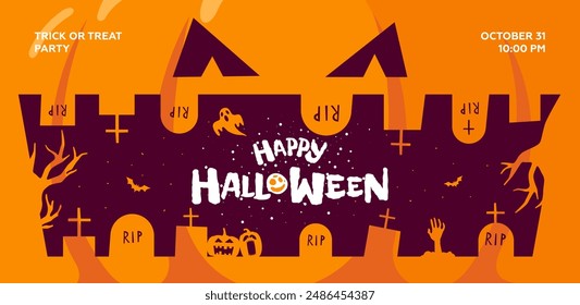 Happy Halloween party horizontal banner concept. Jack O Lantern pumpkin scary face on dark background. Cemetery silhouette with graves. Traditional October 31 Trick or Treat holiday eps greeting card