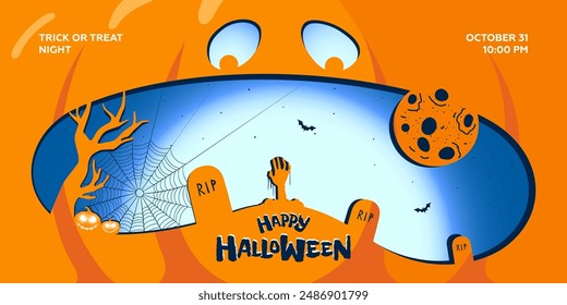 Happy Halloween party horizontal banner for October 31 holiday. Scary smiling carved face on orange Jack O Lantern pumpkin background. Night cemetery graves silhouette. Trick or Treat greeting card