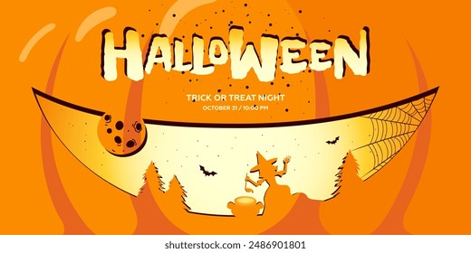 Happy Halloween party horizontal banner for October holiday. Creepy carved smiley face on orange Jack O Lantern pumpkin background. Witch and cauldron silhouette in forest. All Saints Night eps print