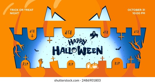 Feliz fiesta de Halloween Anuncio Horizontal para el evento de octubre. Cara esculpida sonriente aterradora sobre fondo de calabaza naranja Jack O Lantern. Silueta de cementerio nocturno con tumbas. Trick or Treat impresión de vacaciones