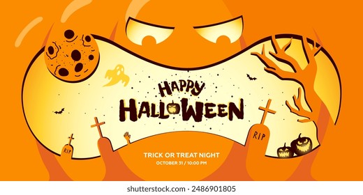 Feliz fiesta de Halloween Anuncio Horizontal para el evento del 31 de octubre. Cara espeluznante tallada en el fondo de calabaza naranja Jack O Lantern. Silueta de cementerio nocturno con tumbas. Trick or Treat cubierta de EPS de vacaciones