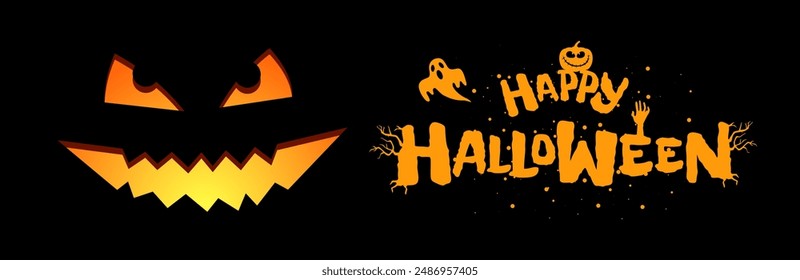 Happy Halloween party horizontal banner design template. Jack O Lantern pumpkin carved face on black background and hand drawn inscription with ghost. Traditional October 31 holiday eps greeting card